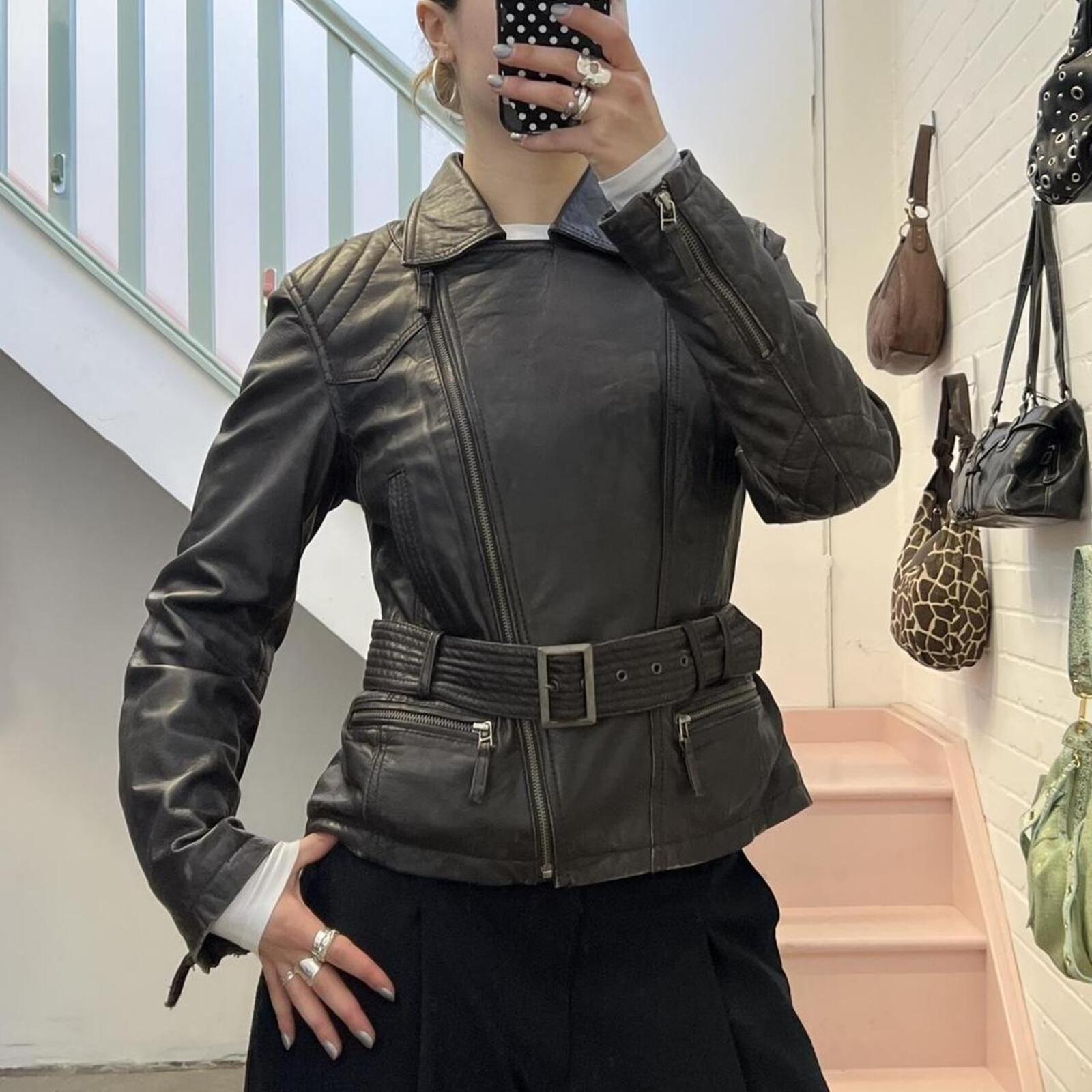 street one dark brown leather zip up vintage biker jacket