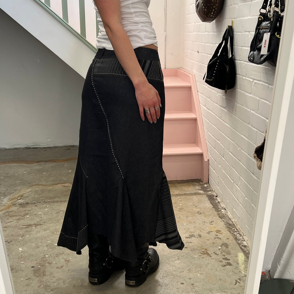 Denim patchwork utility style maxi skirt