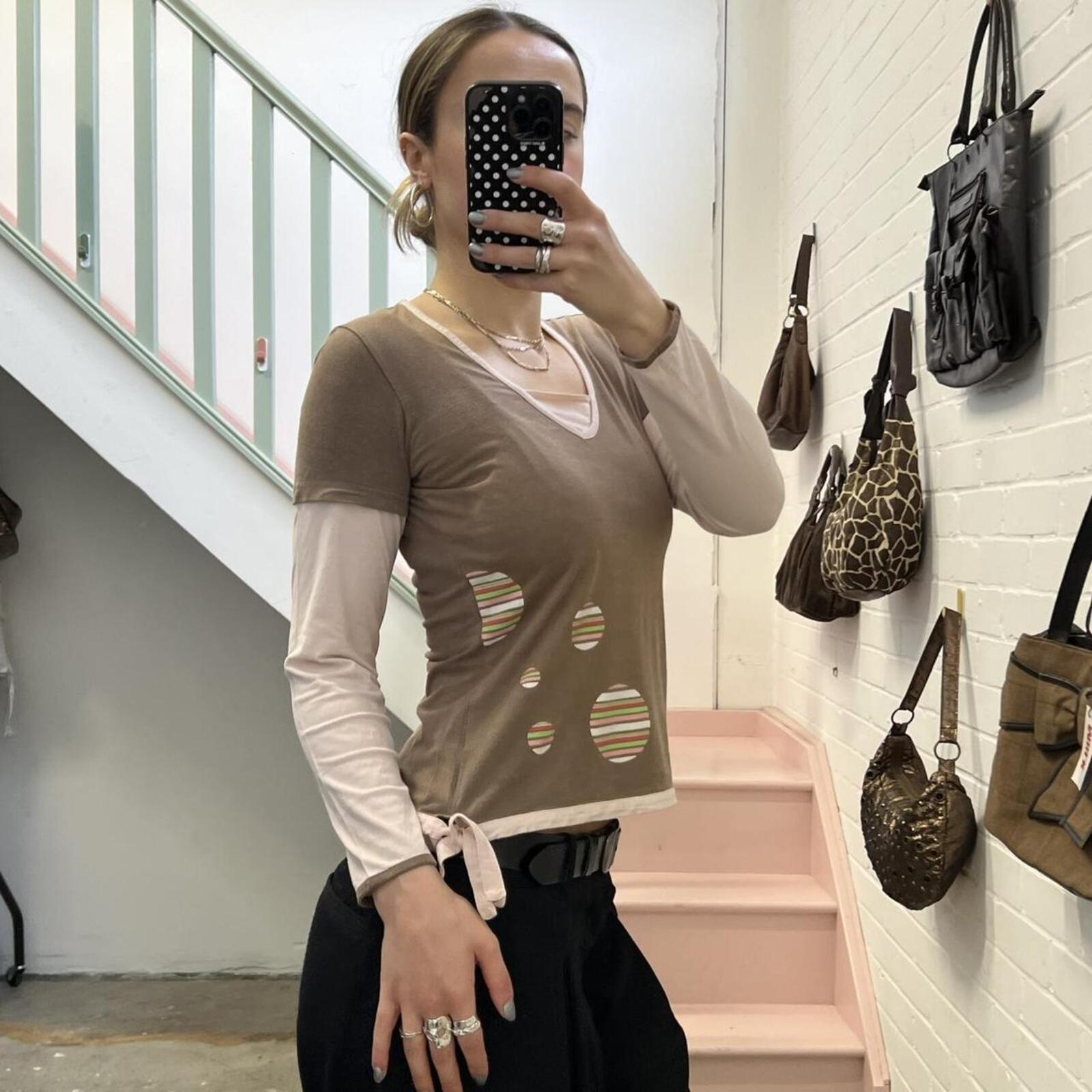 brown and cream polka dot geo print vintage long sleeve layered top