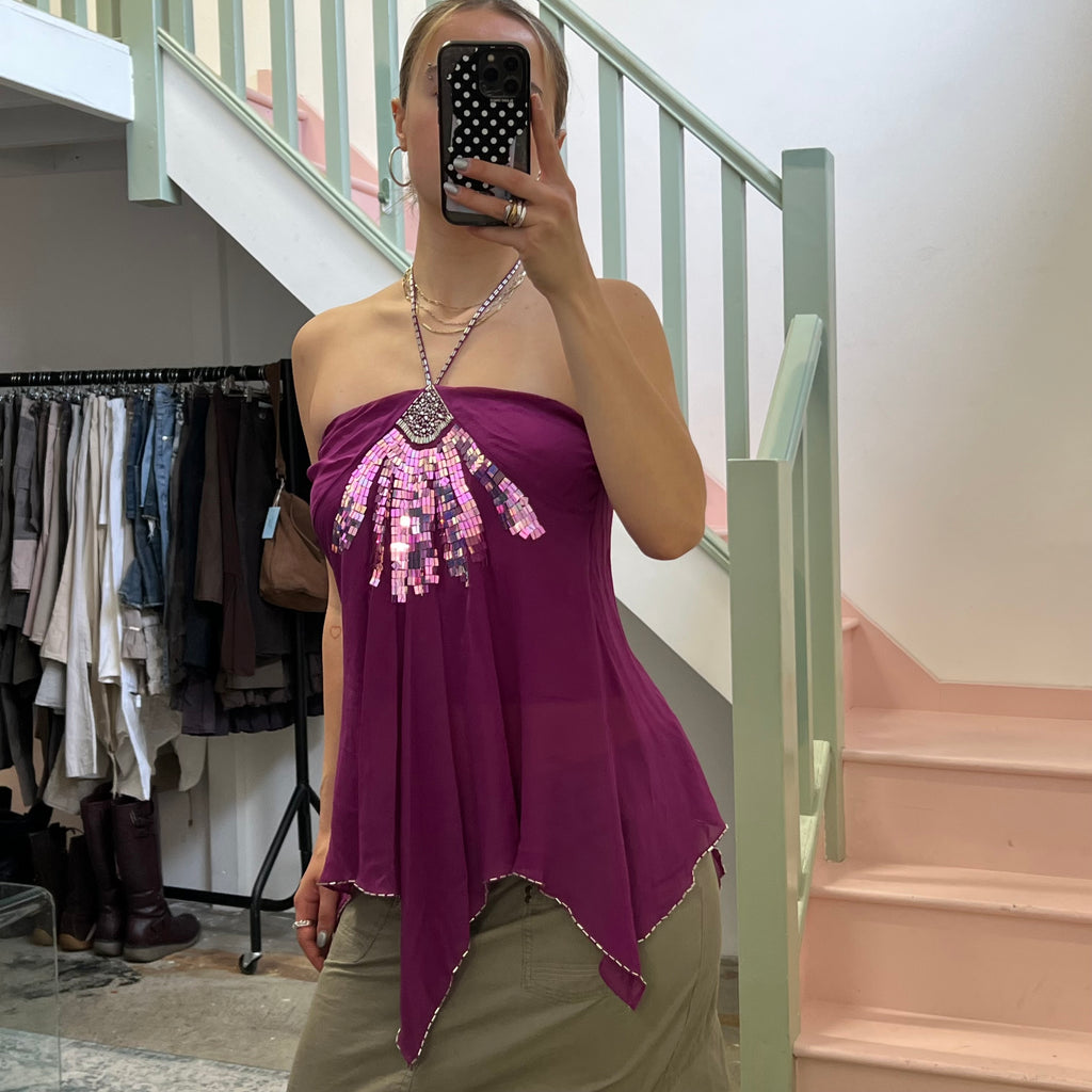 Fuchsia halterneck asymmetrical beaded floaty blouse
