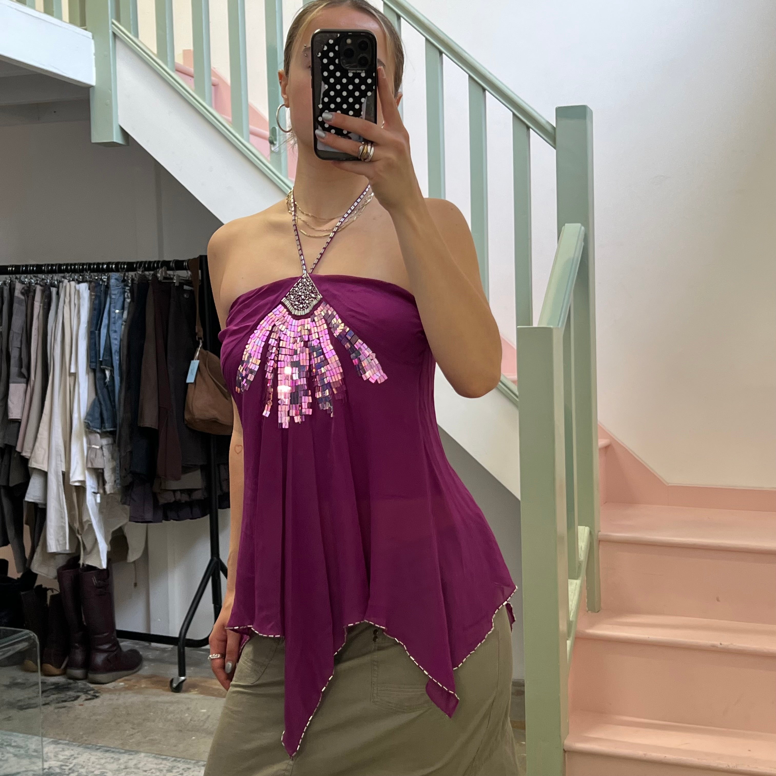 Fuchsia halterneck asymmetrical beaded floaty blouse