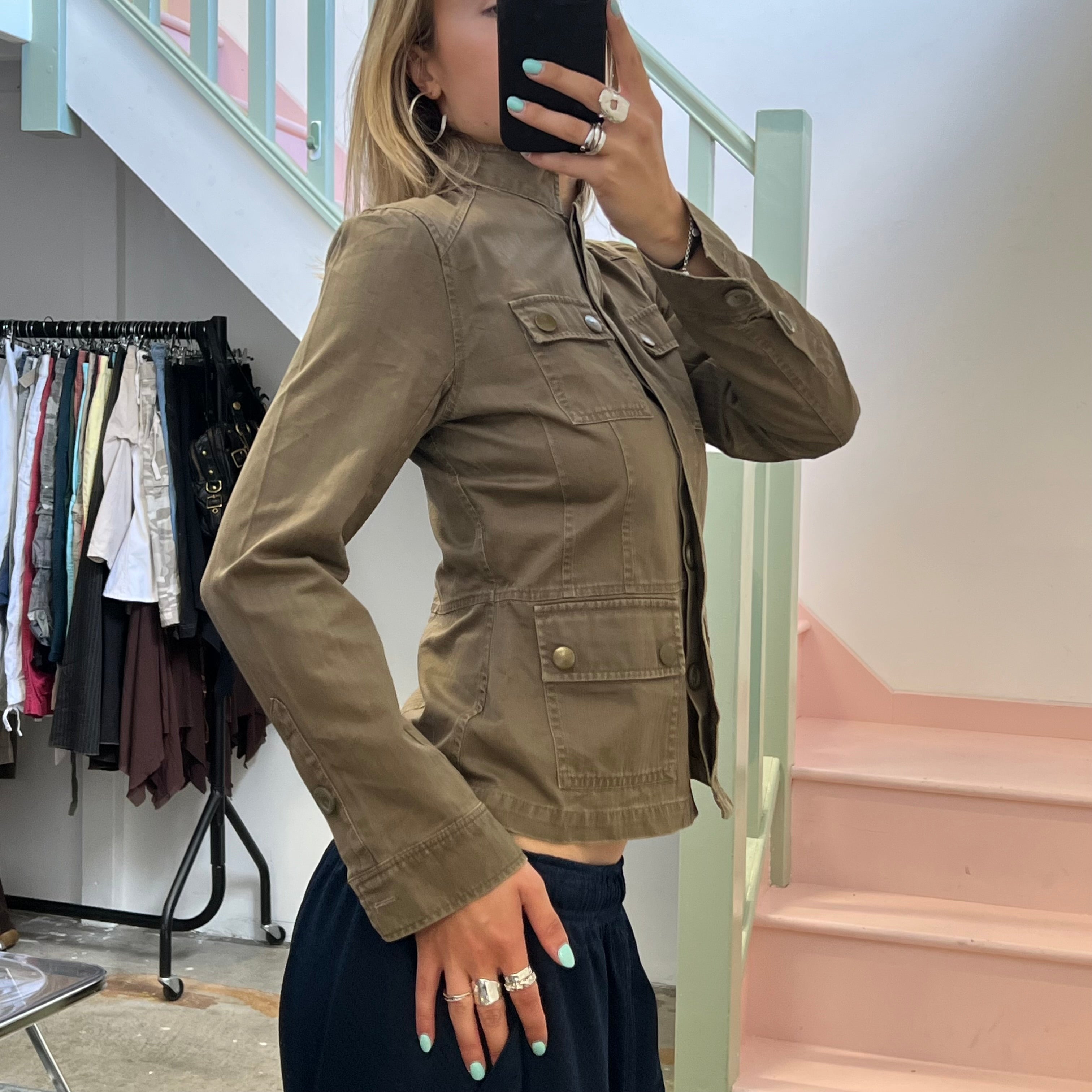 Oasis khaki button up fitted utility style jacket