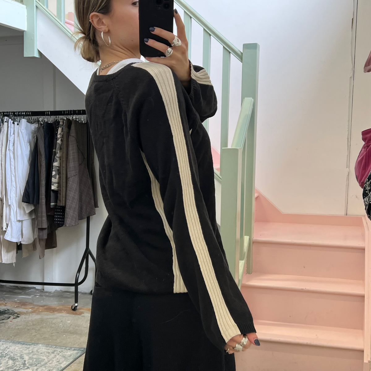 Black and cream knitted zip sweater