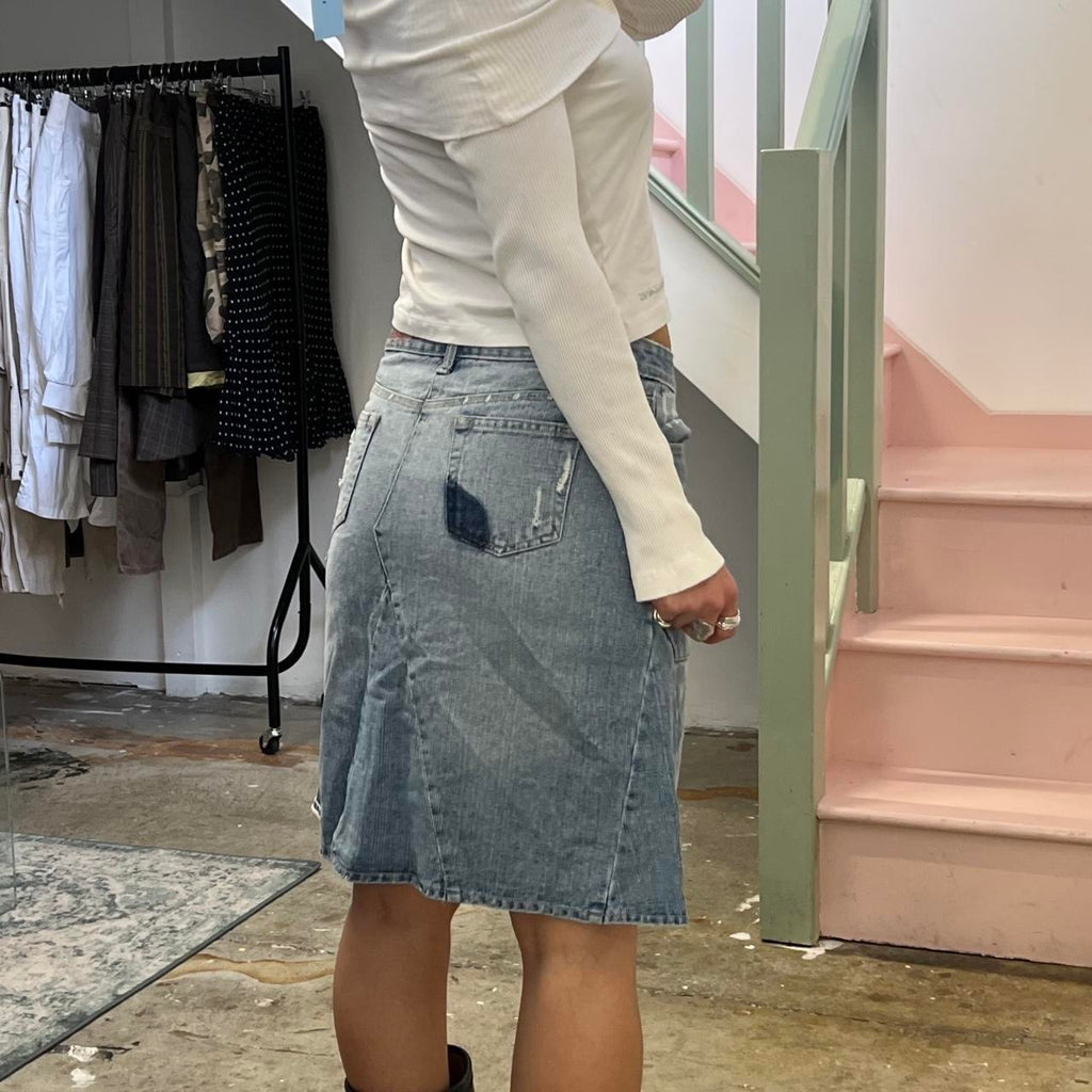Light wash denim patchwork midi skirt