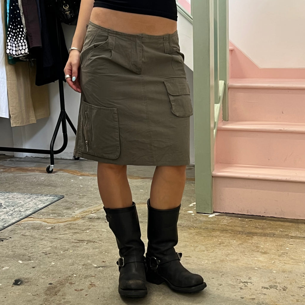 Khaki cargo midi skirt