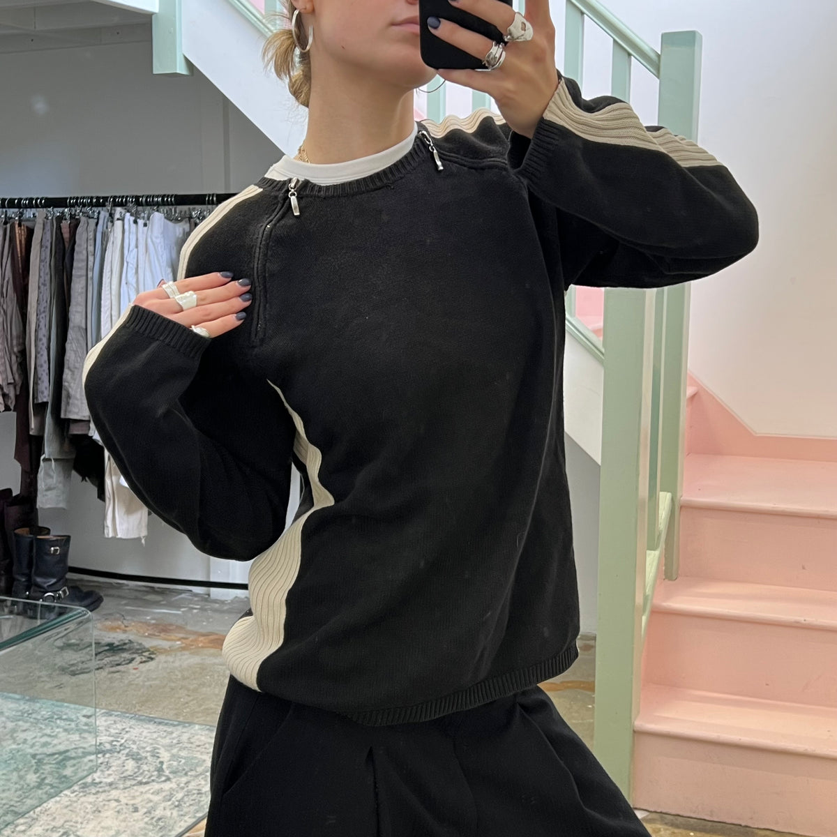 Black and cream knitted zip sweater