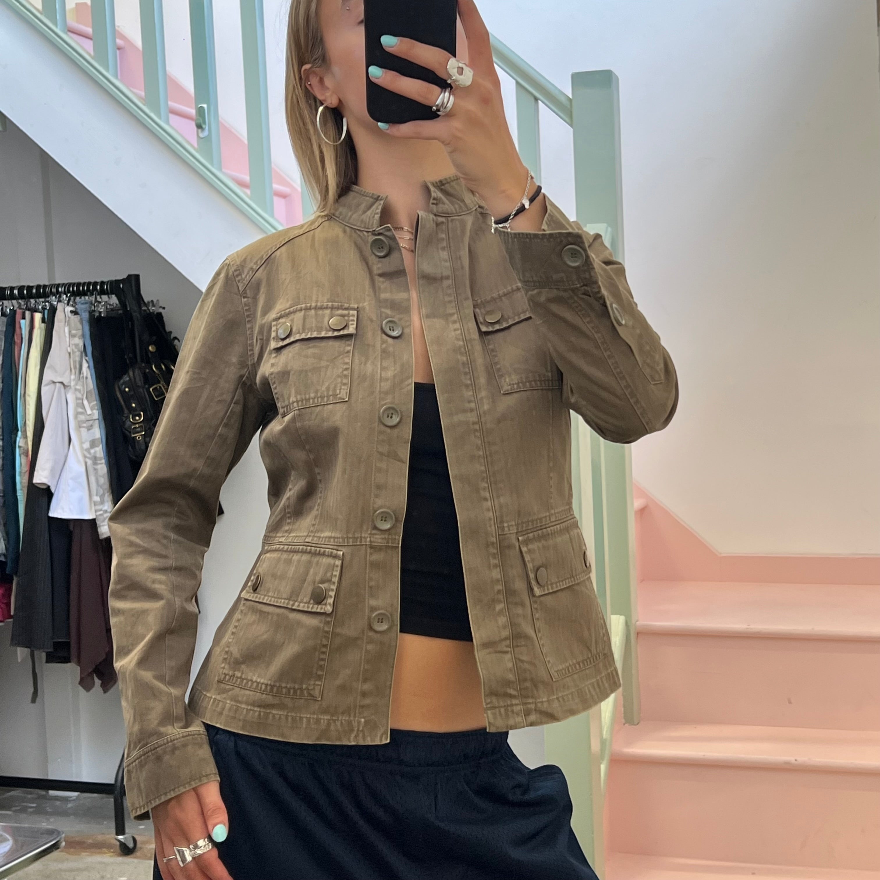 Oasis khaki button up fitted utility style jacket