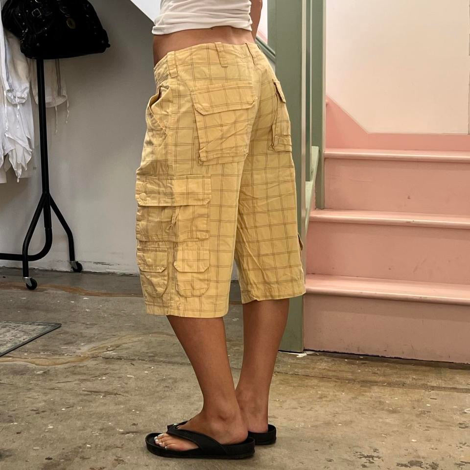 Cream checkered cargo shorts