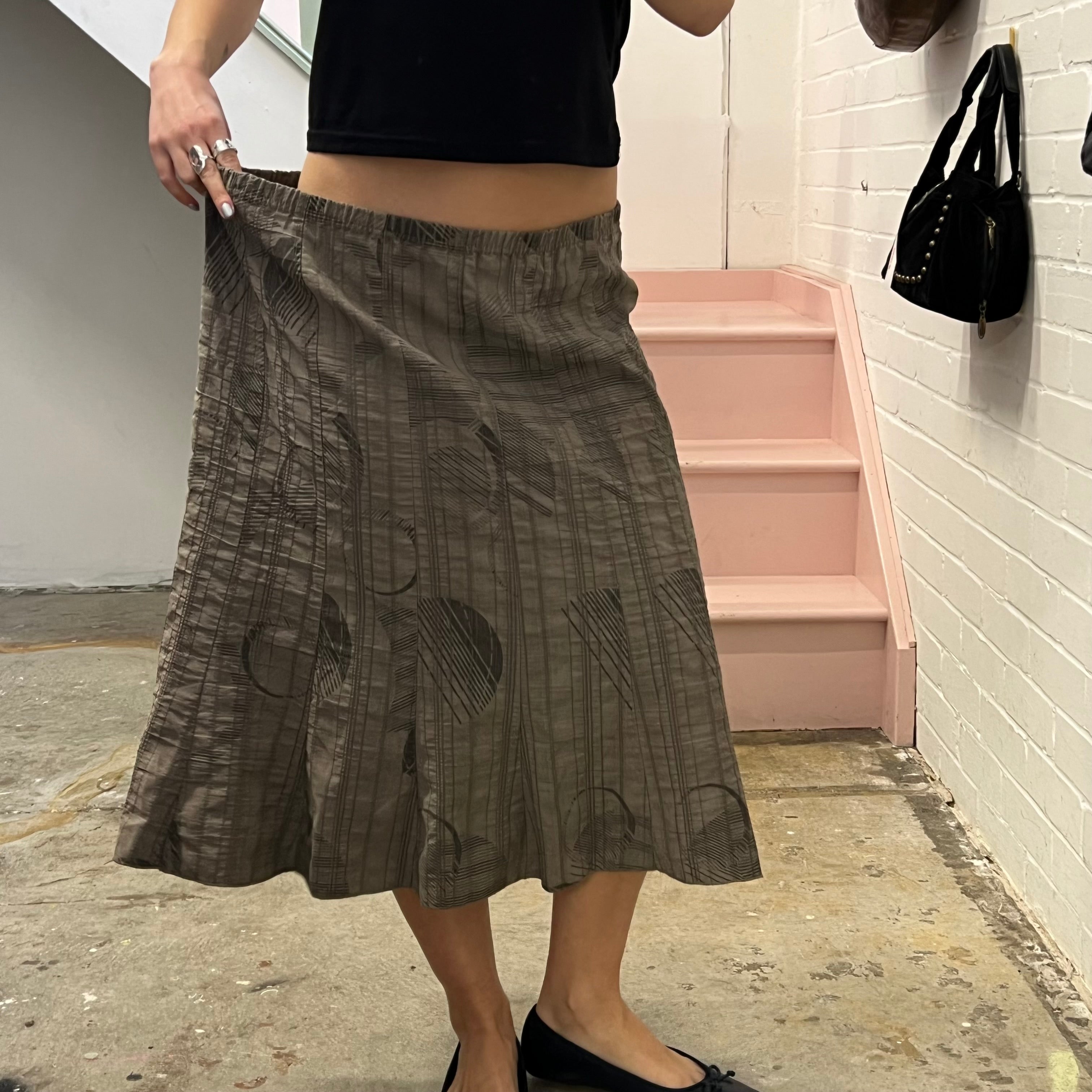 Grey polka dot geo print crinkle floaty midi skirt