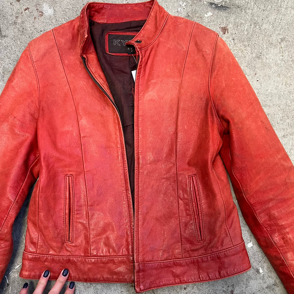 Red zip up leather jacket