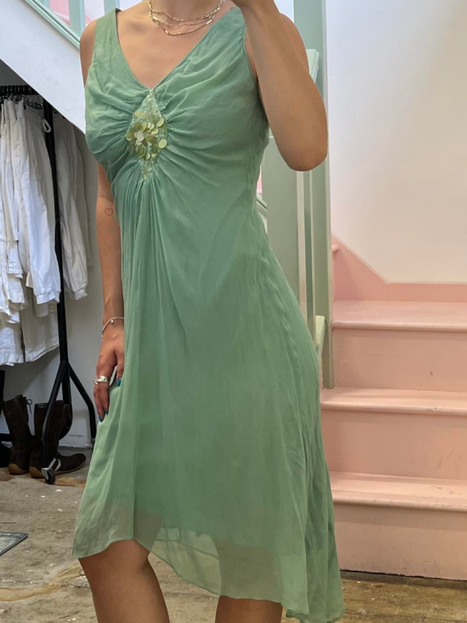 Teal silk sequin midi dress