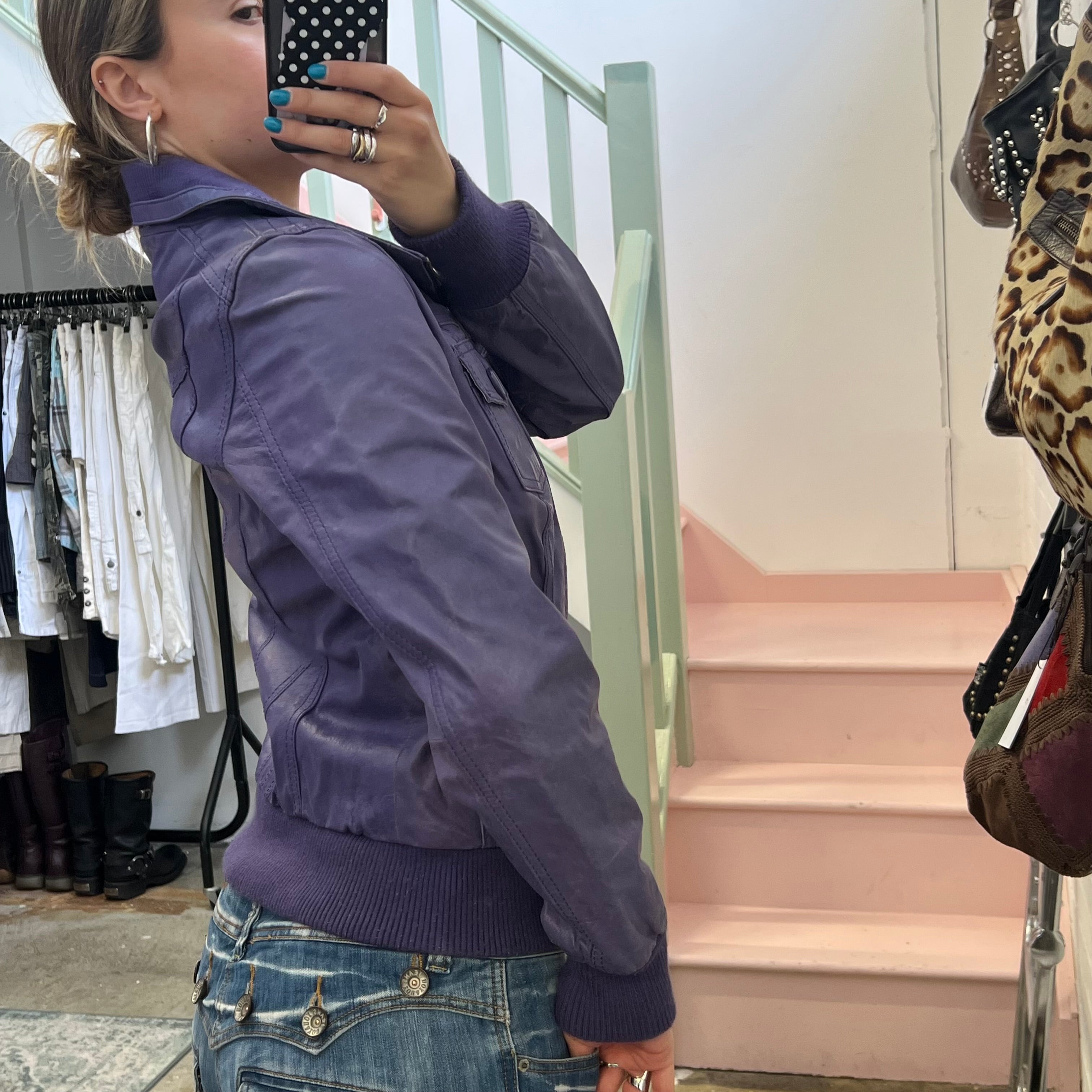 Purple leather zip up bomber jacket