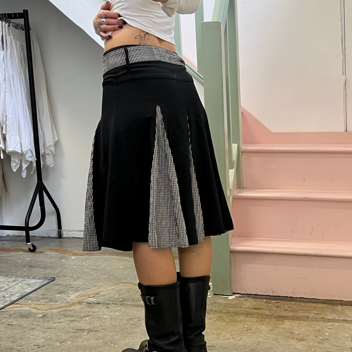 Black pleated gingham midi skirt