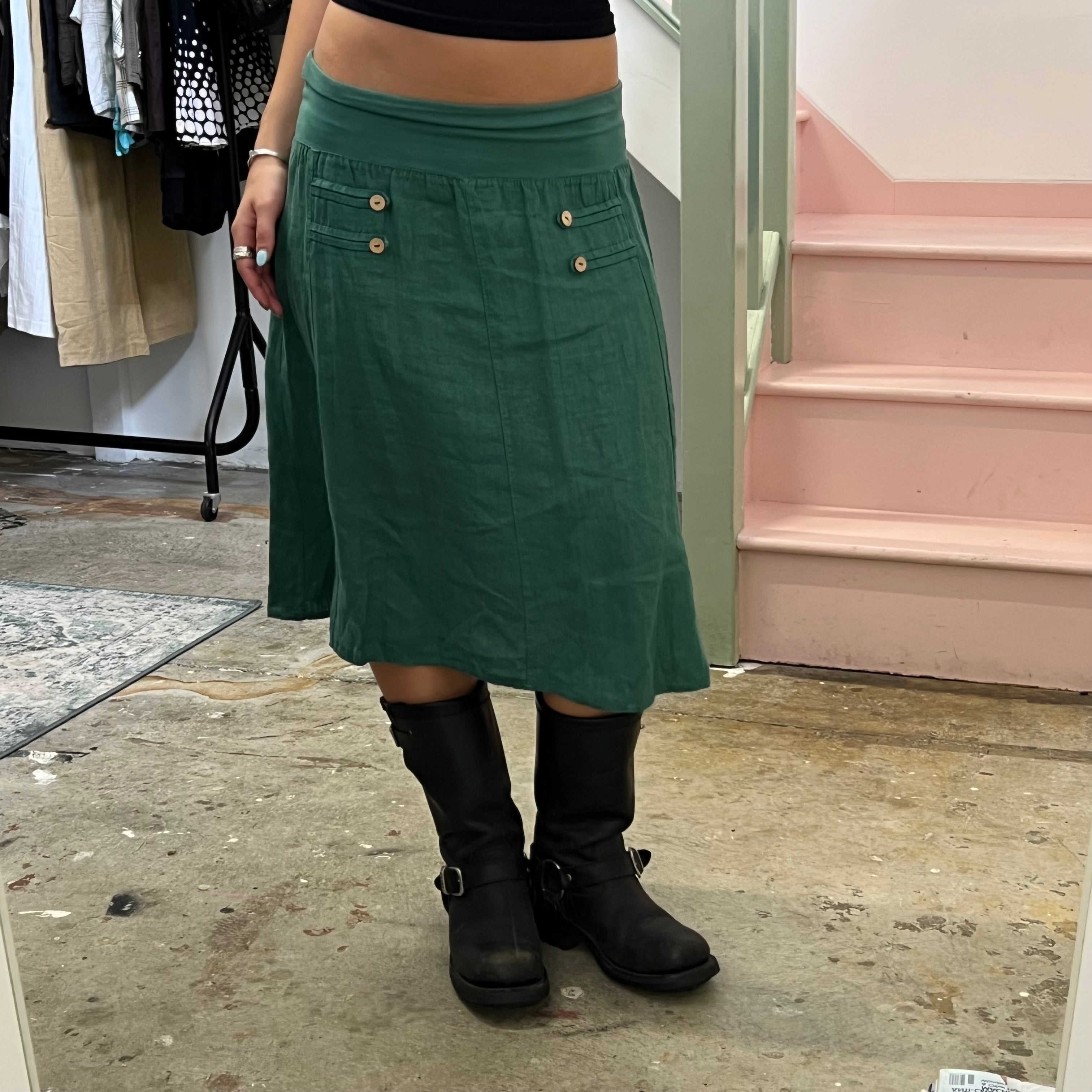 Green linen fold waist midi skirt