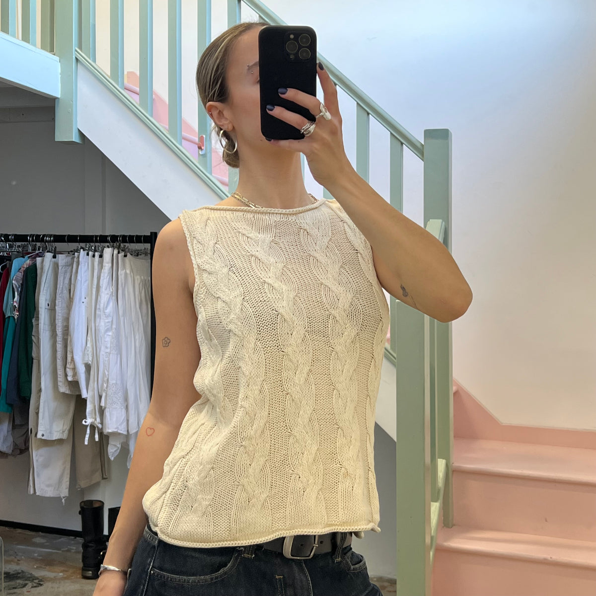 Cream cable rib boat neck vest
