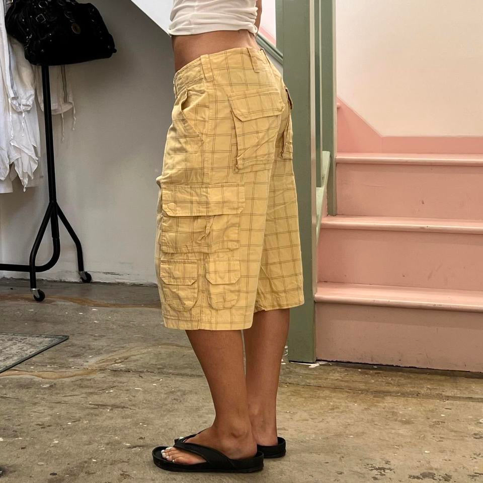 Cream checkered cargo shorts