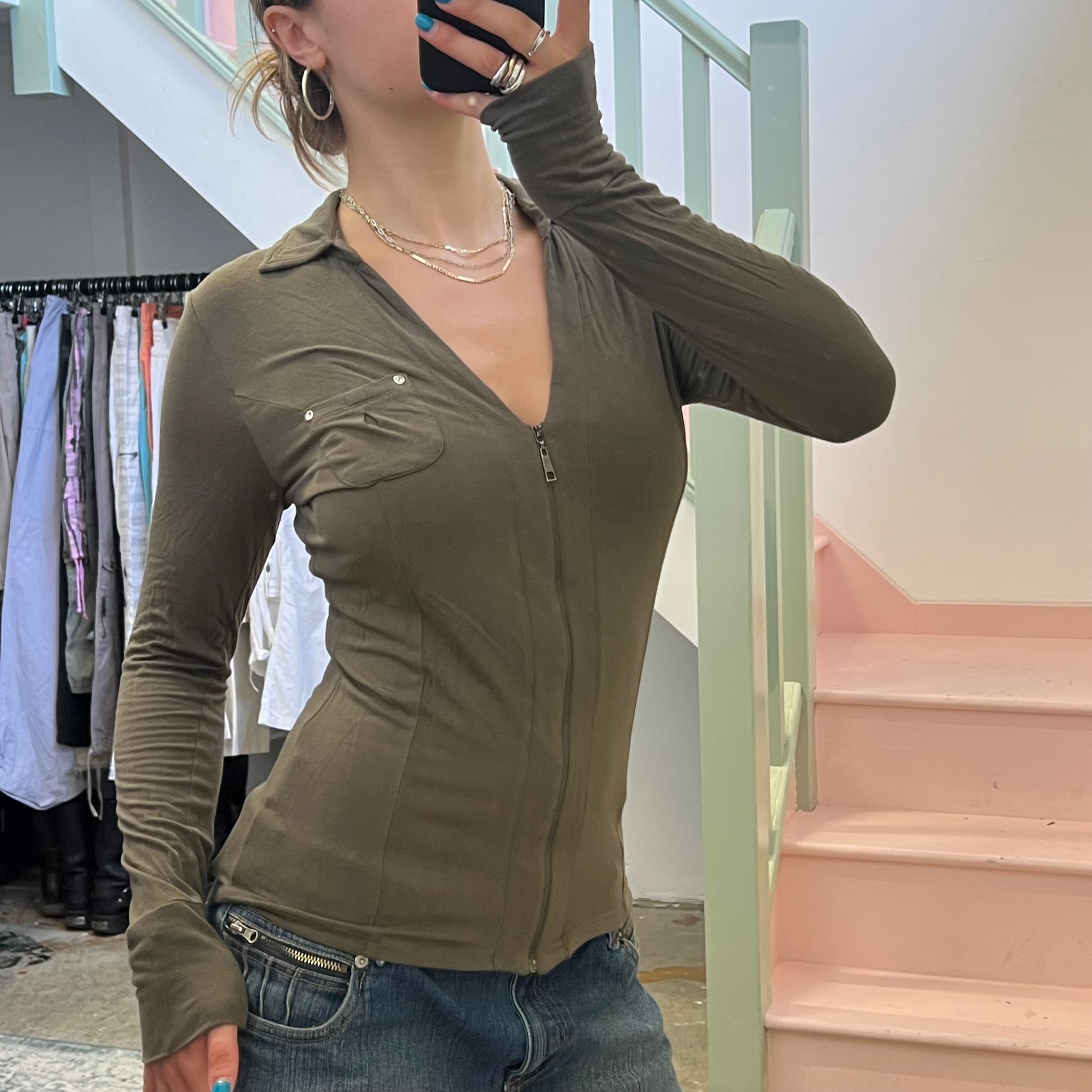 Khaki long sleeve zip up top