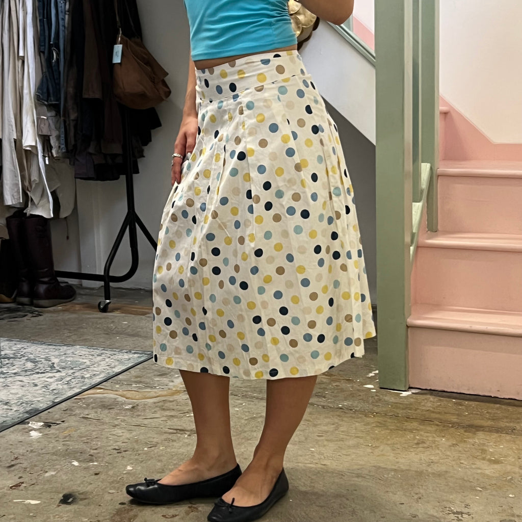 Blue and yellow polka dot pleated midi skirt