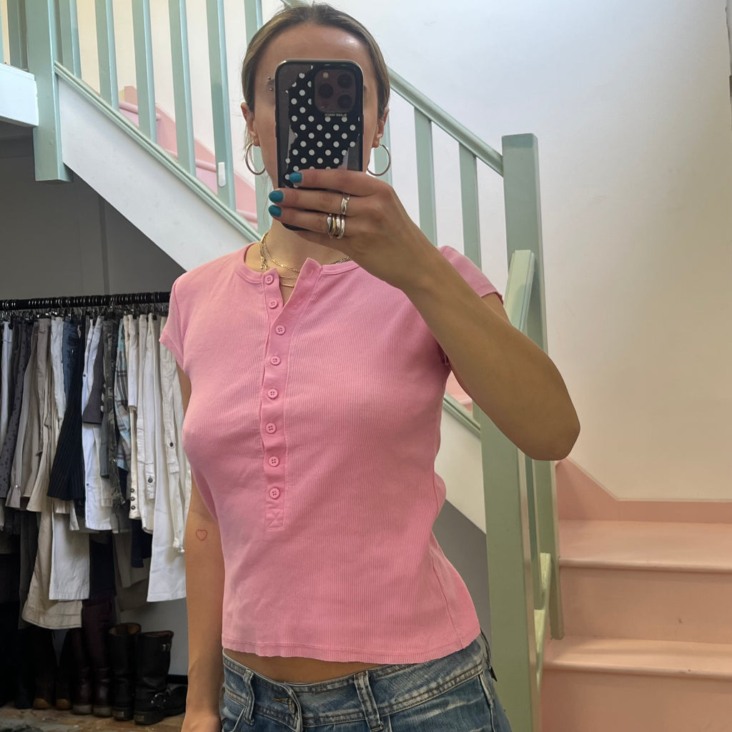 Pink ribbed button up tee
