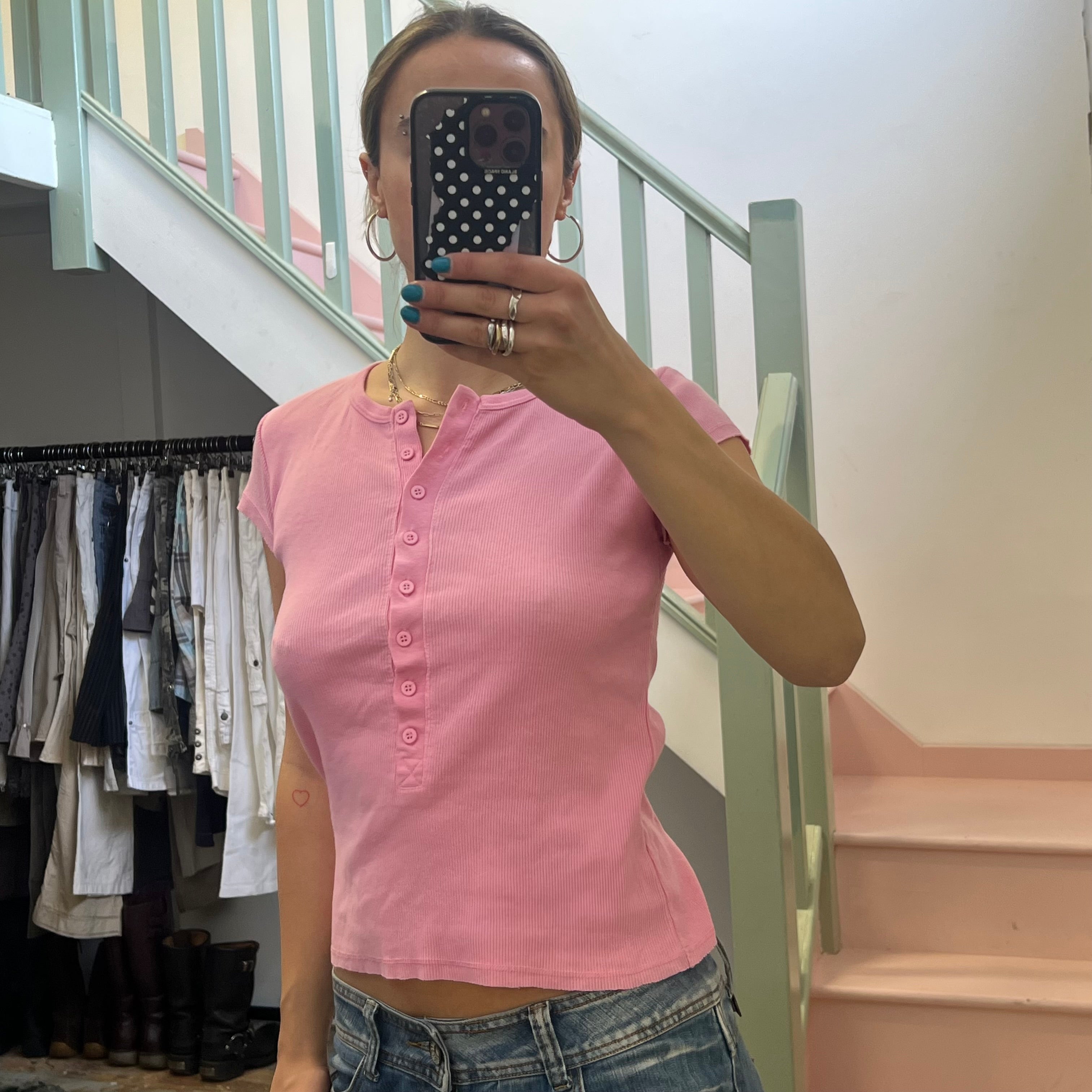 Pink ribbed button up tee