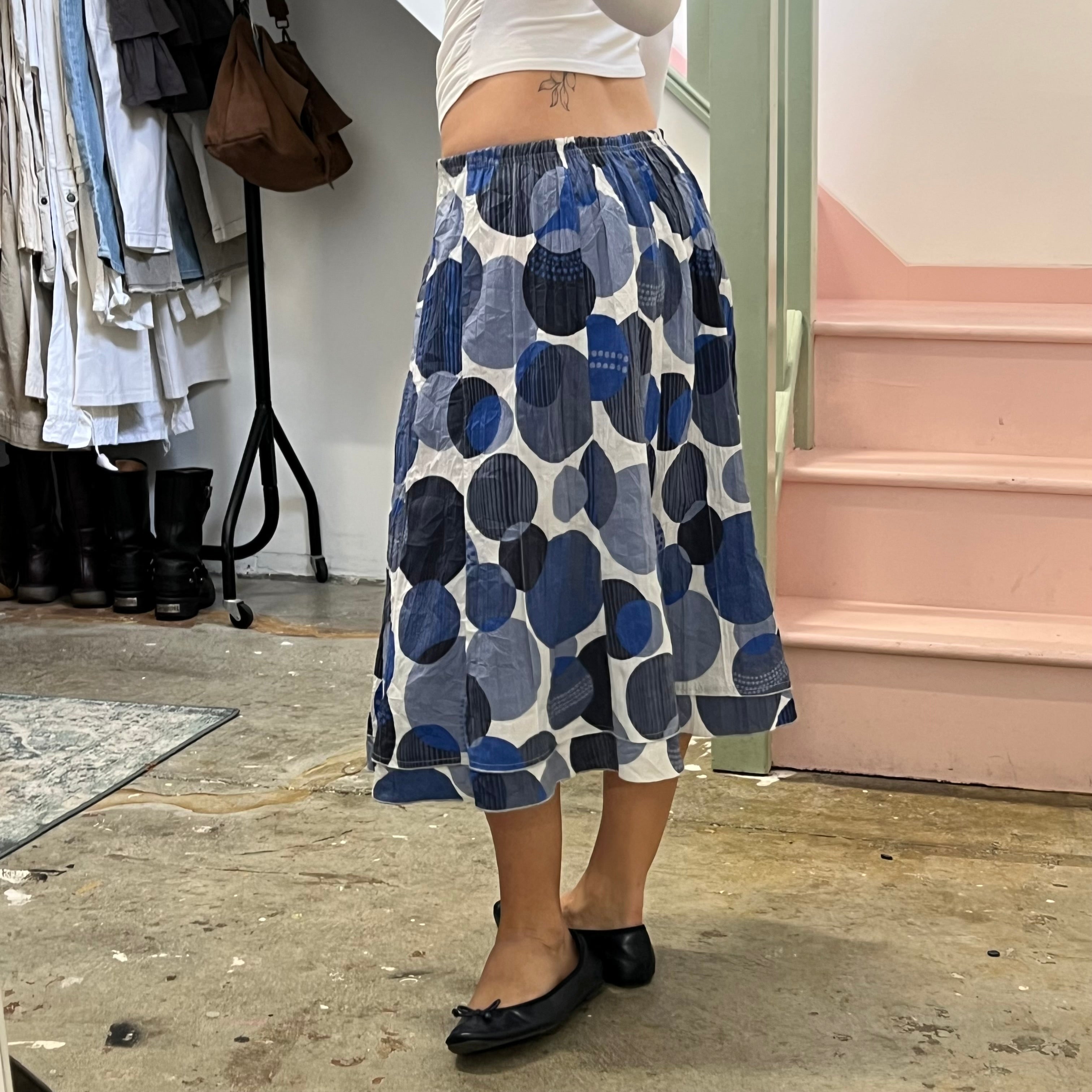 Blue and white geo print polka dot maxi skirt