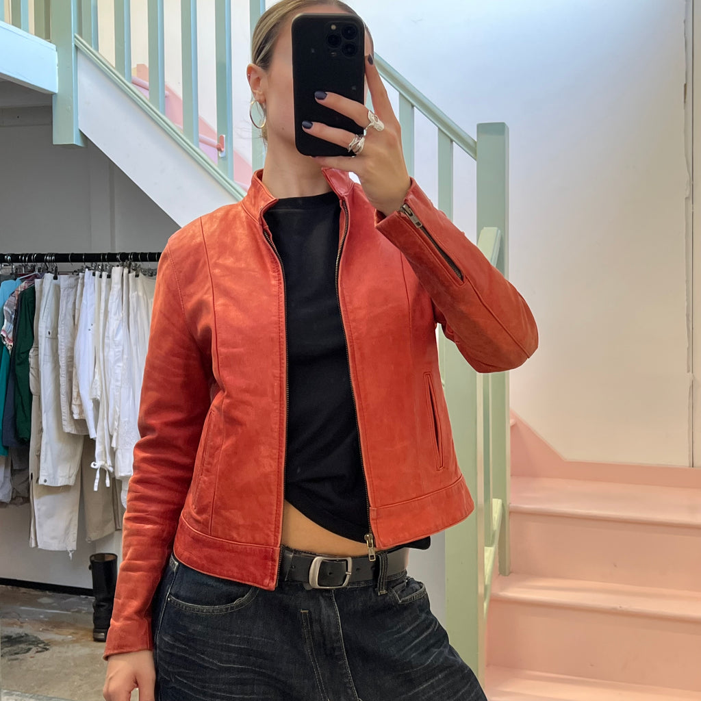 Red zip up leather jacket