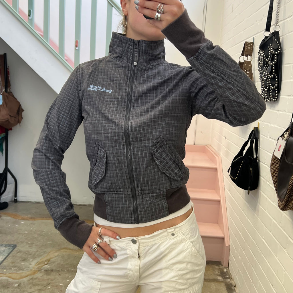 Grey checkered gingham lightweight vintage bomber jacket