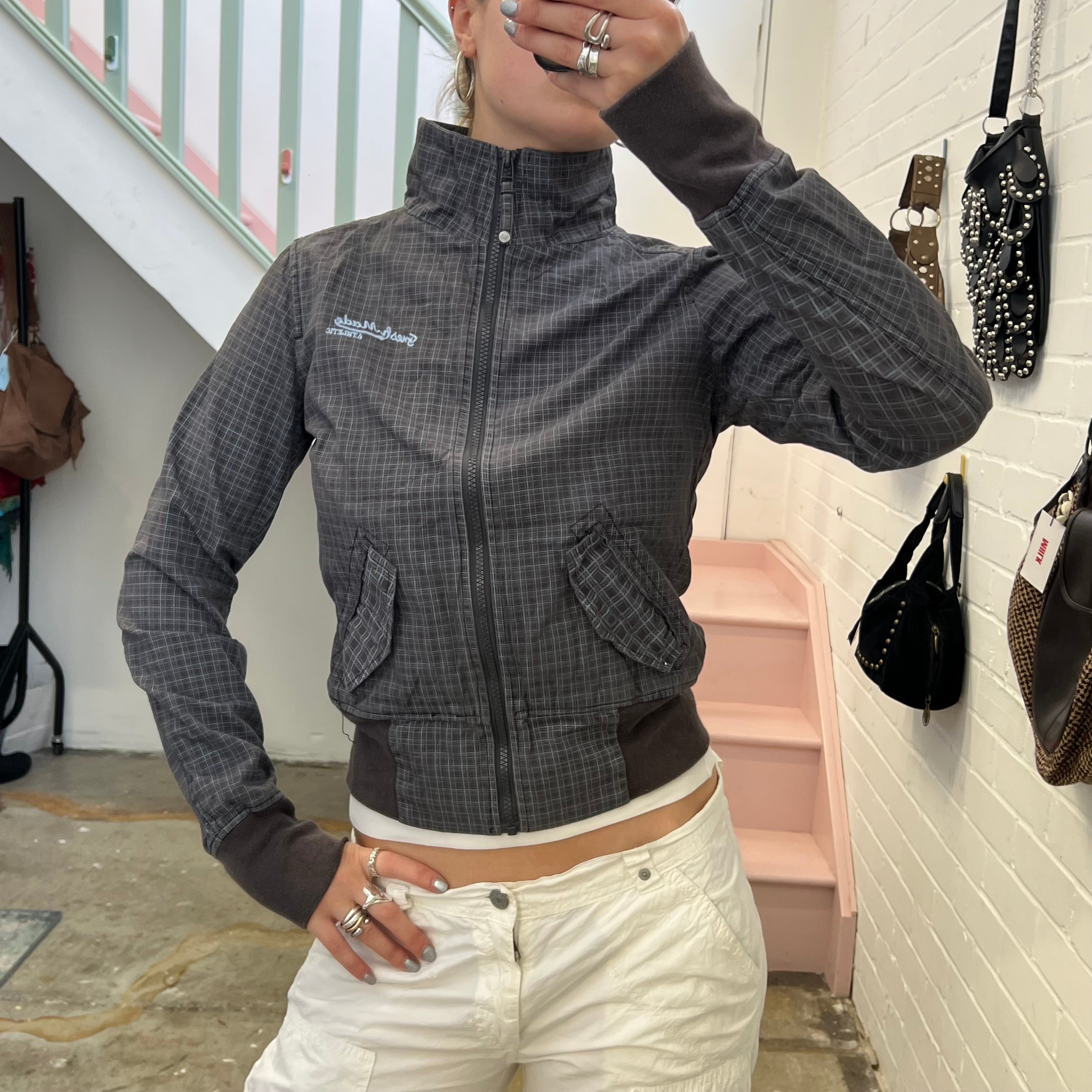 Grey checkered gingham lightweight vintage bomber jacket