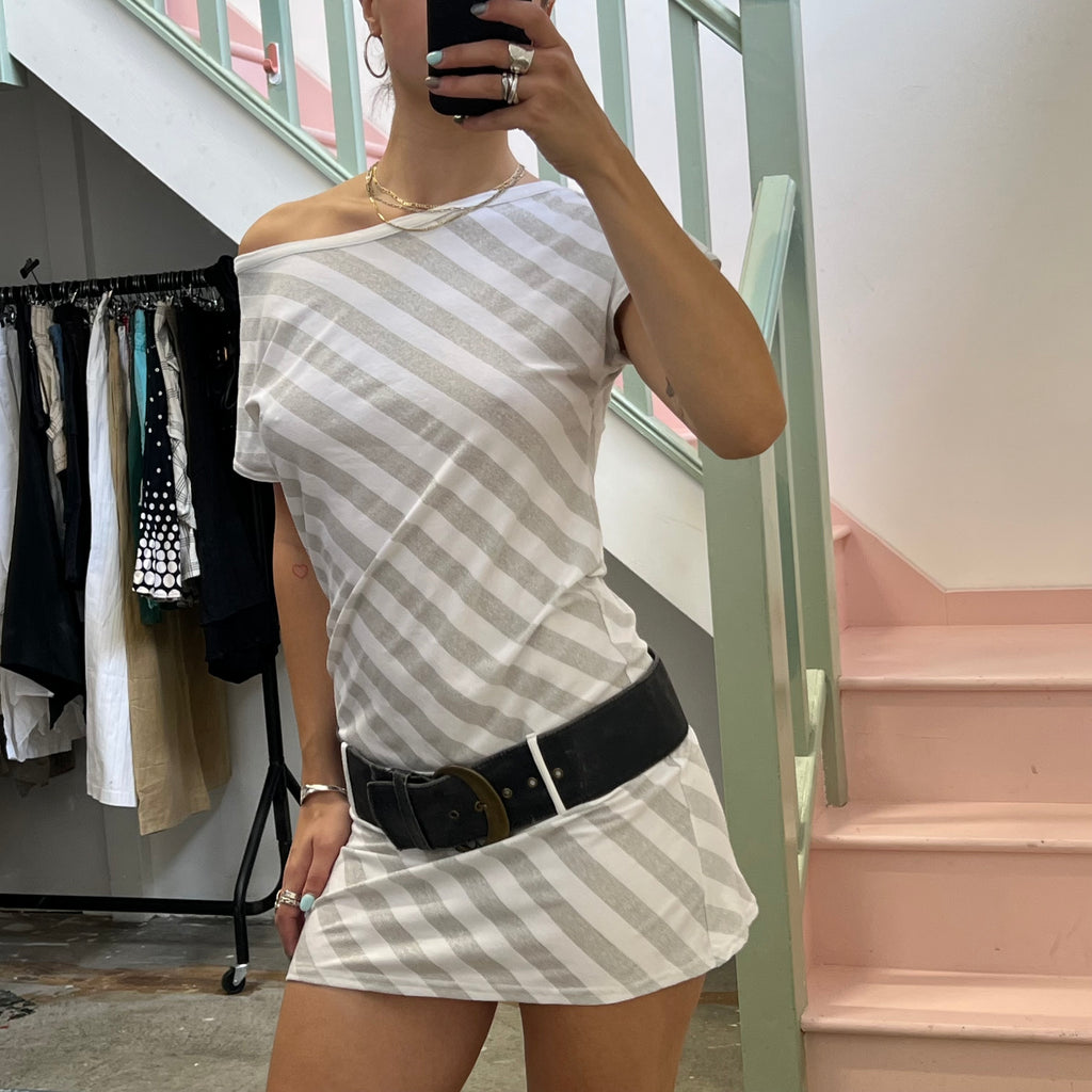 White and silver striped drop waist slouchy mini dress