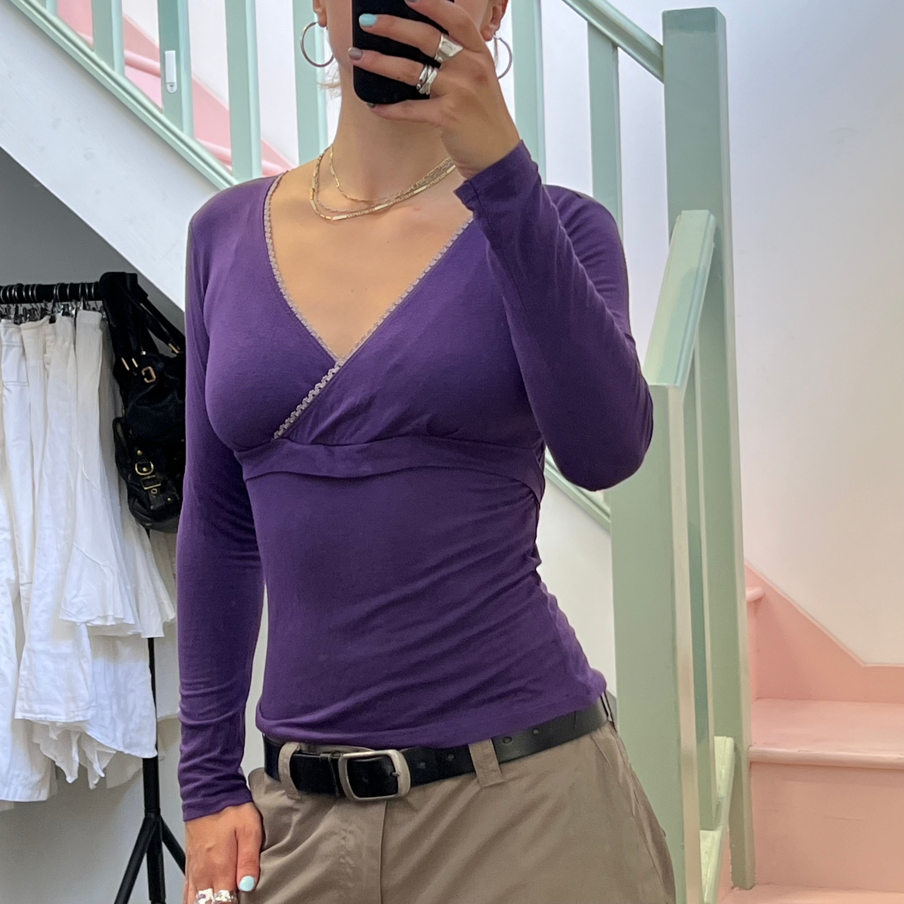 Purple fitted long sleeve v neck top
