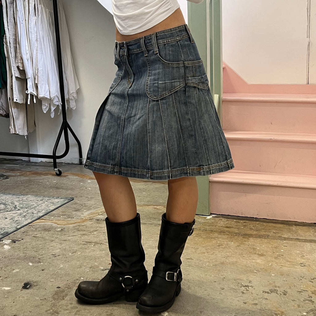 Denim pleated midi skirt