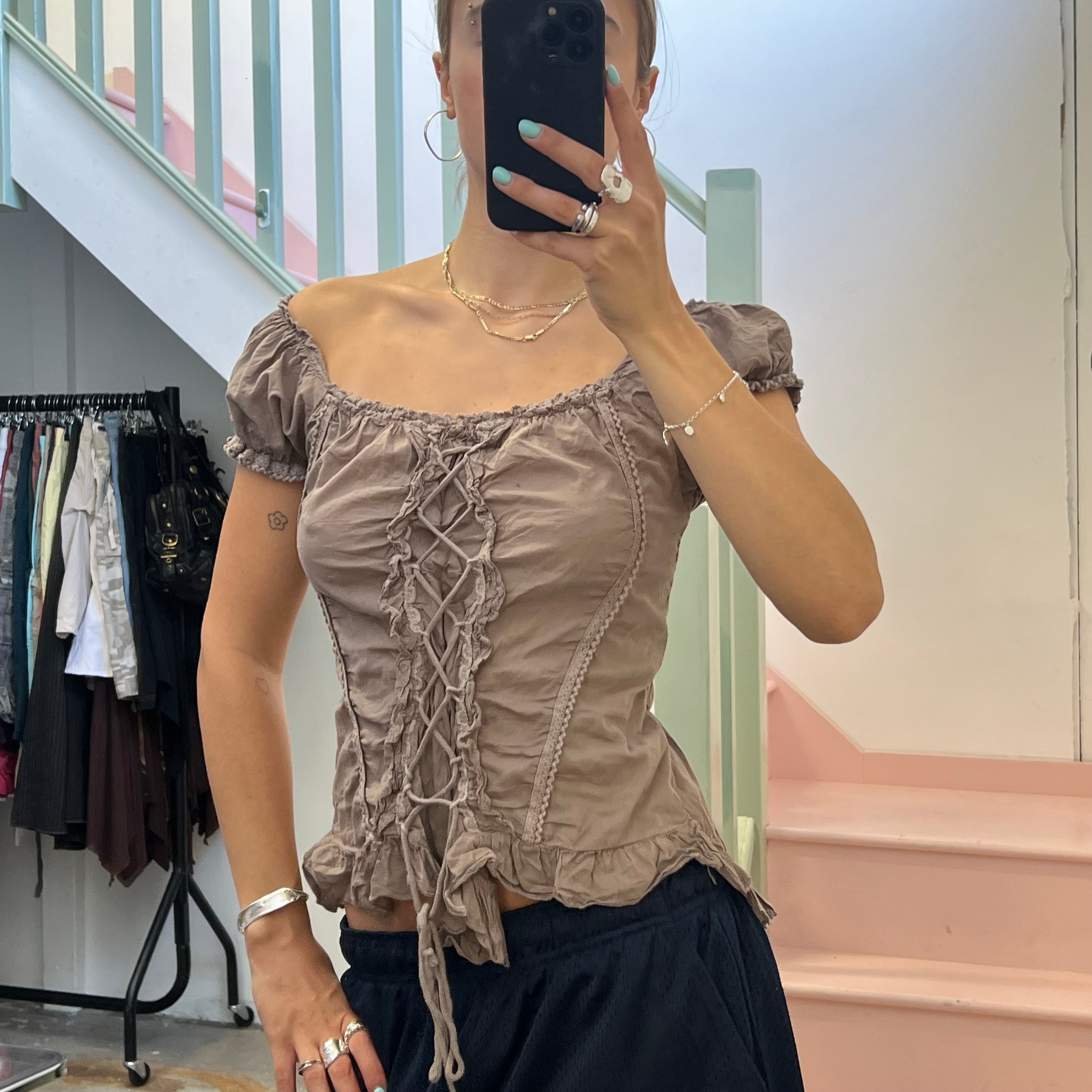 Brown lace up off shoulder corset top