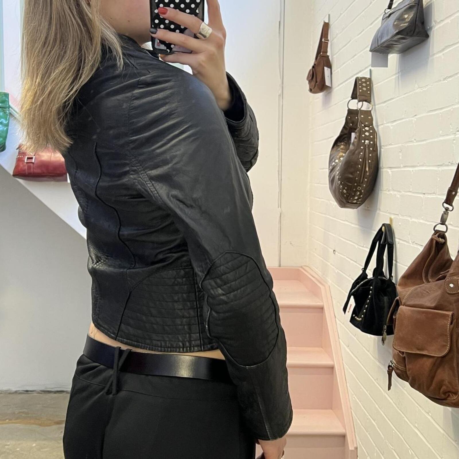 Black fitted zip up real leather vintage biker jacket with dual zip