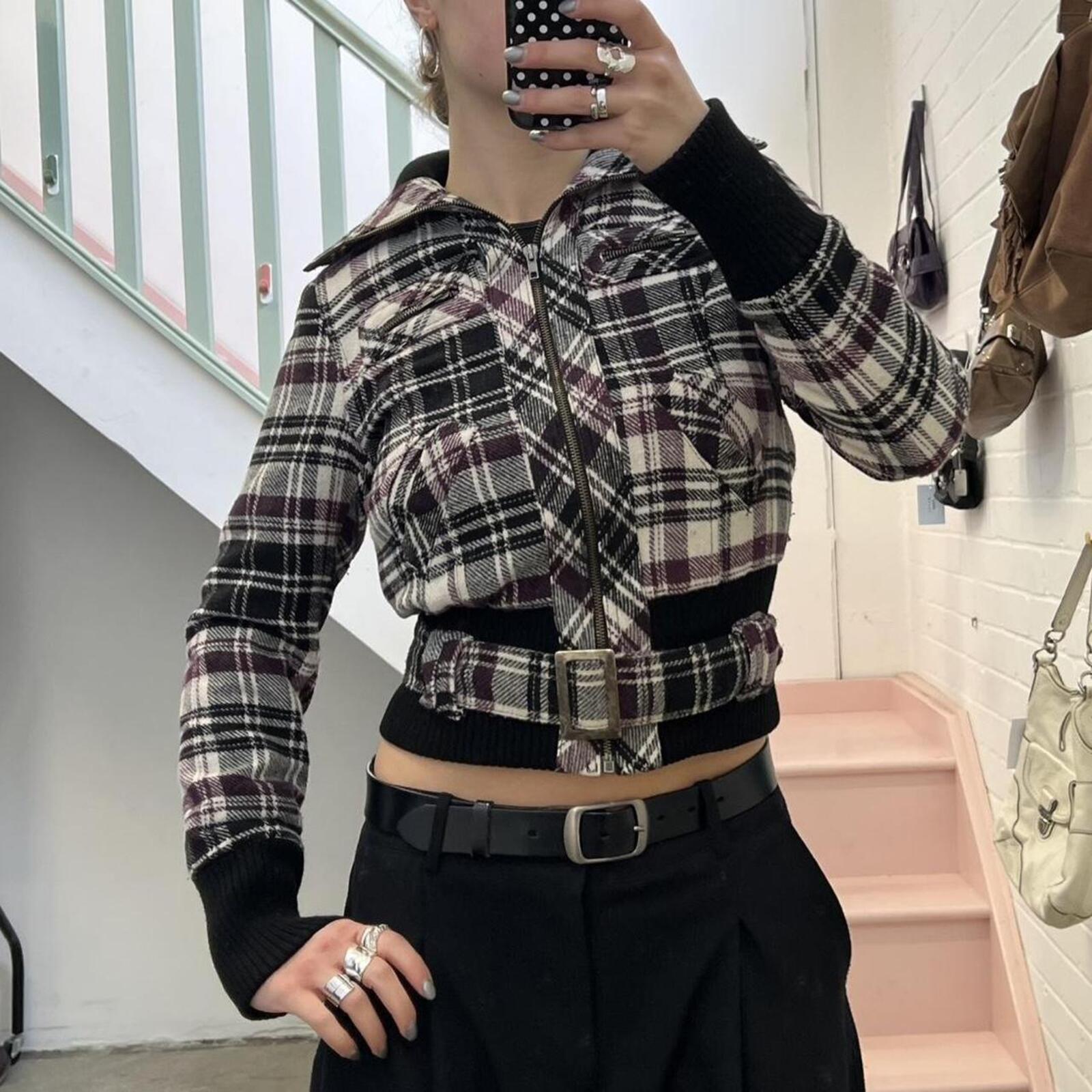 purple and white check wool zip up bomber jacket with belted waist