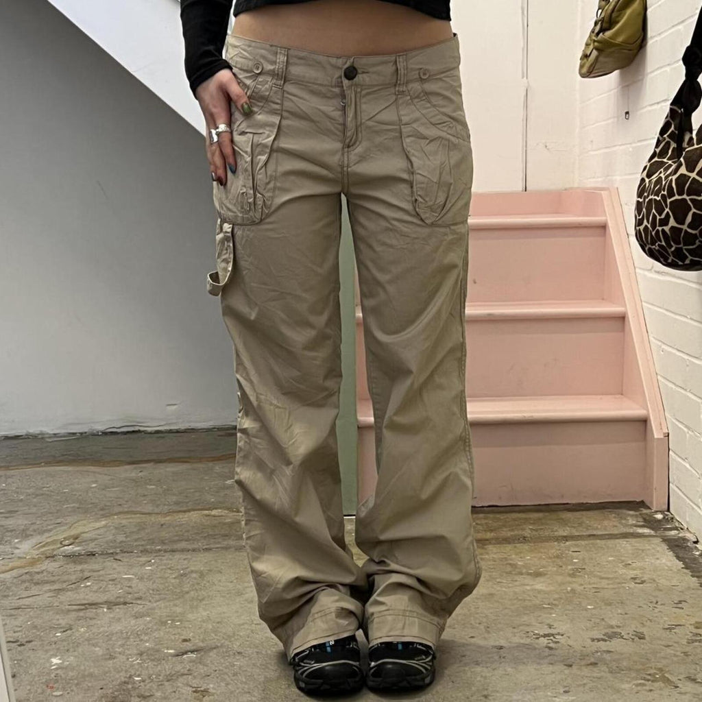 cream low rise wide leg cargo trousers
