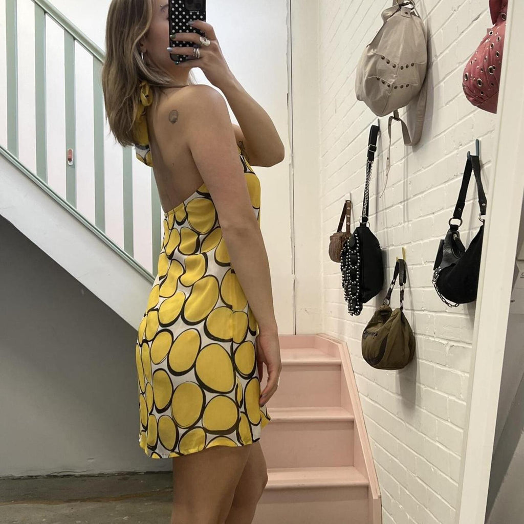Yellow polka dot geo print halter neck vintage slip dress