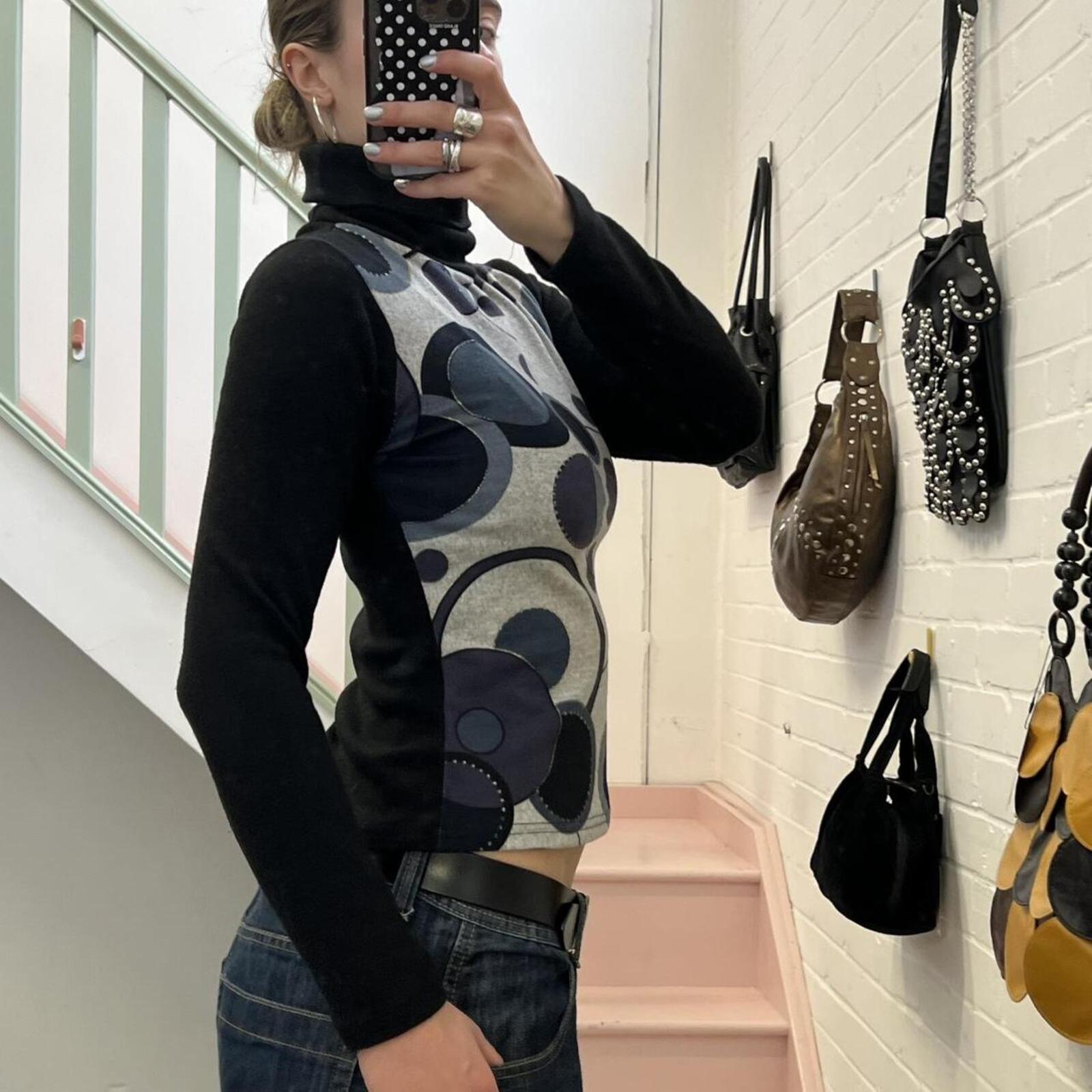 black and grey roll neck polka dot geo print vintage retro style sweater