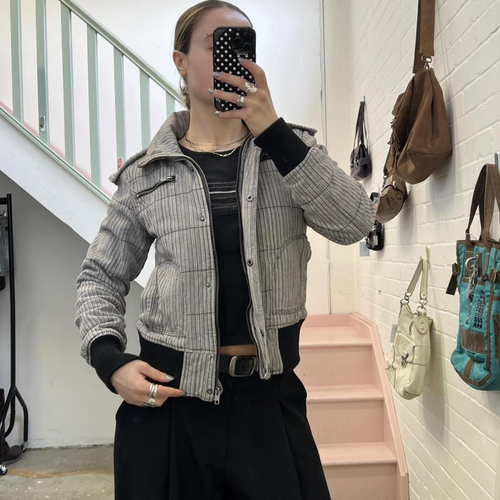 Fishbone grey striped padded hooded zip up coat