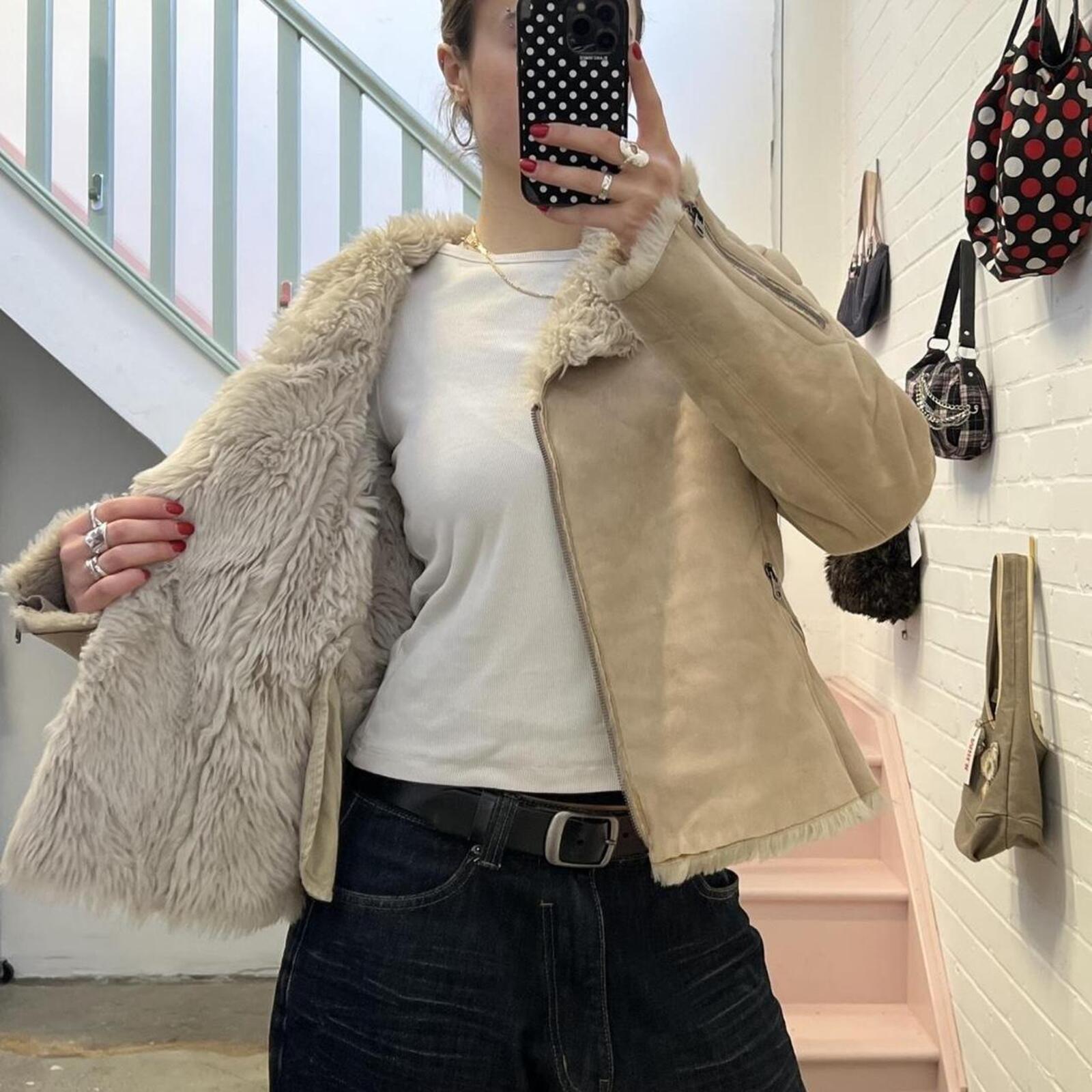 Esprit cream faux suede faux fur lined zip up fitted teddy coat