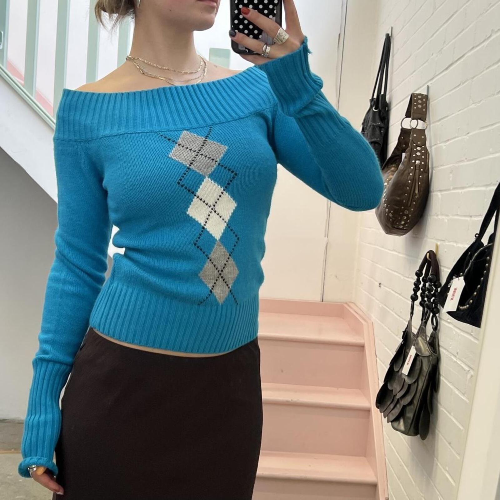 Blue turquoise off shoulder argyle style long sleeve knit