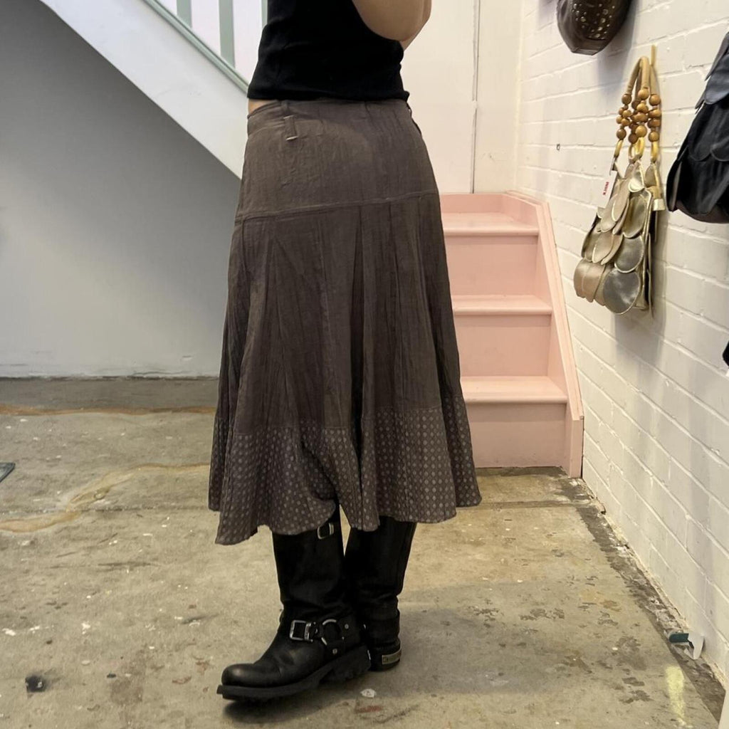 Brown crinkle vintage utility style maxi skirt