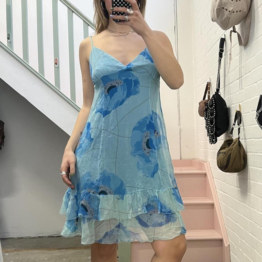 Blue silk floaty printed vintage slip dress