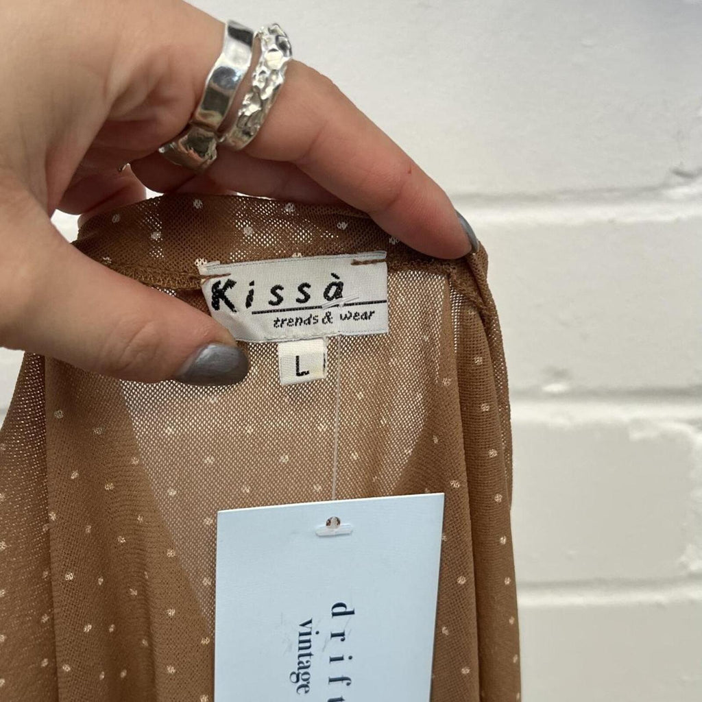 Cream and white polka dot fitted vintage mesh top
