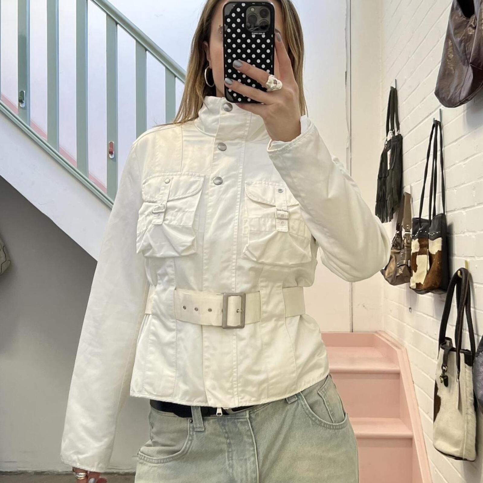 Benetton white zip up belted utility biker jacket