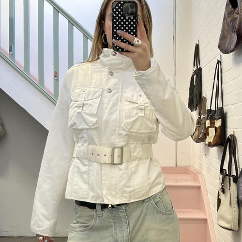 Benetton white zip up belted utility biker jacket