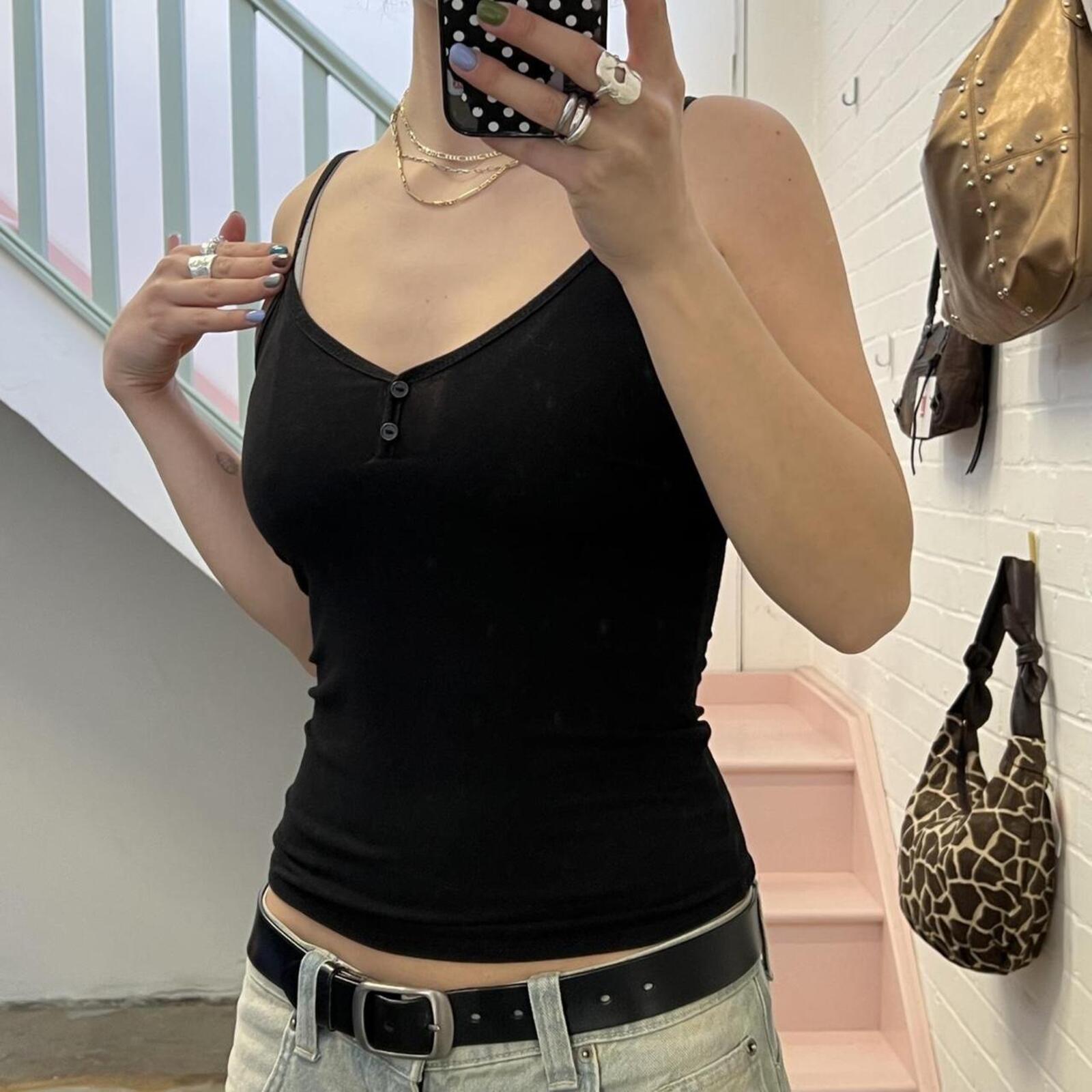 Simple black cotton button up cami