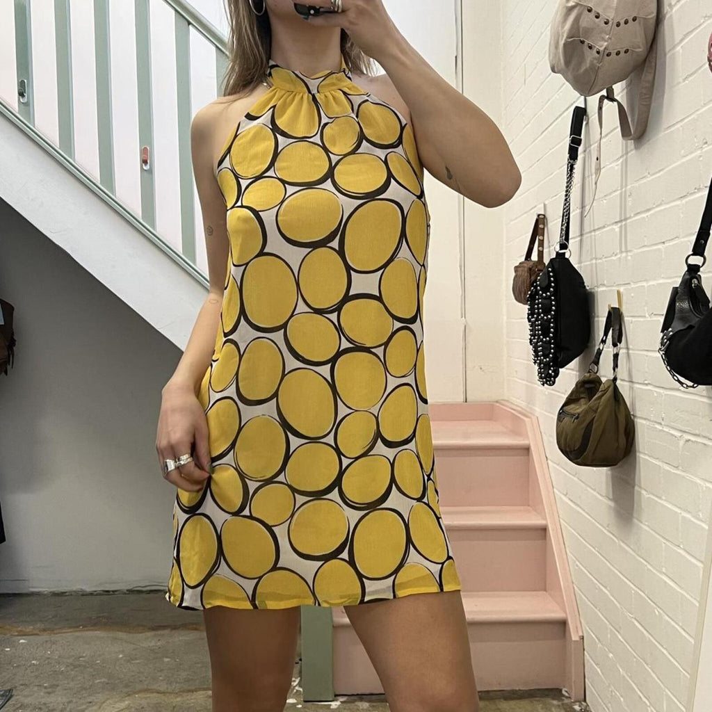 Yellow polka dot geo print halter neck vintage slip dress