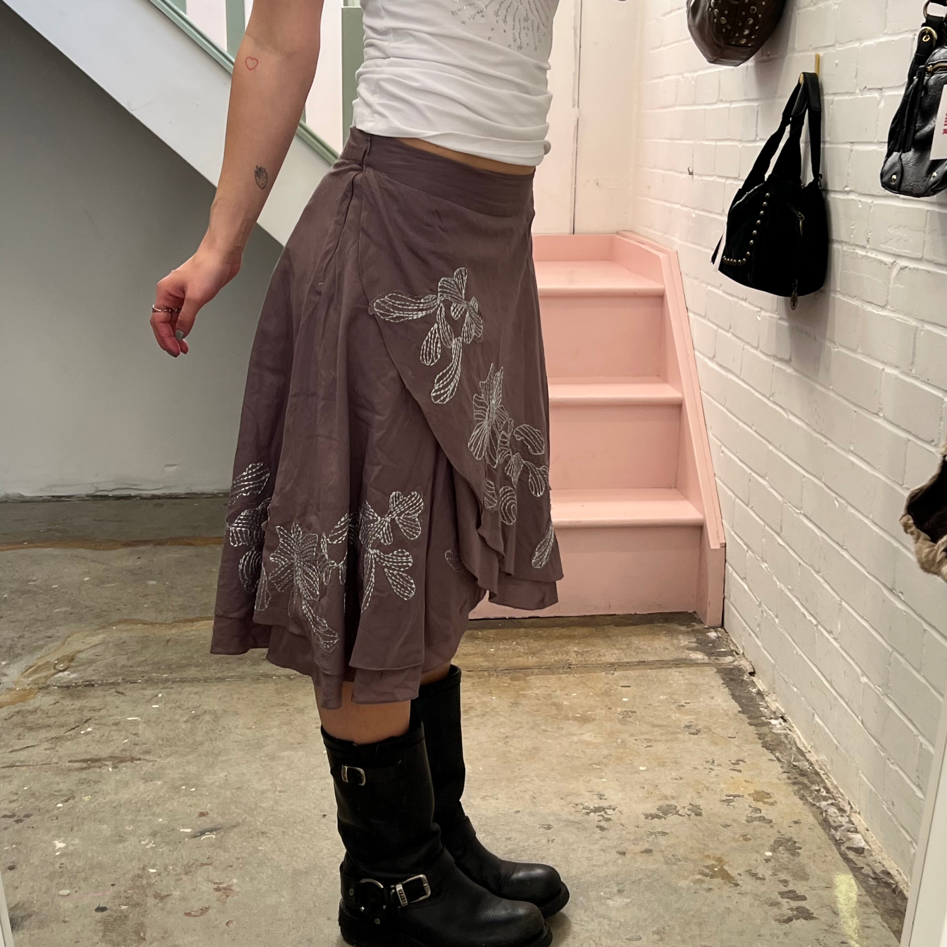 Brown linen embroidered wrap midi skirt