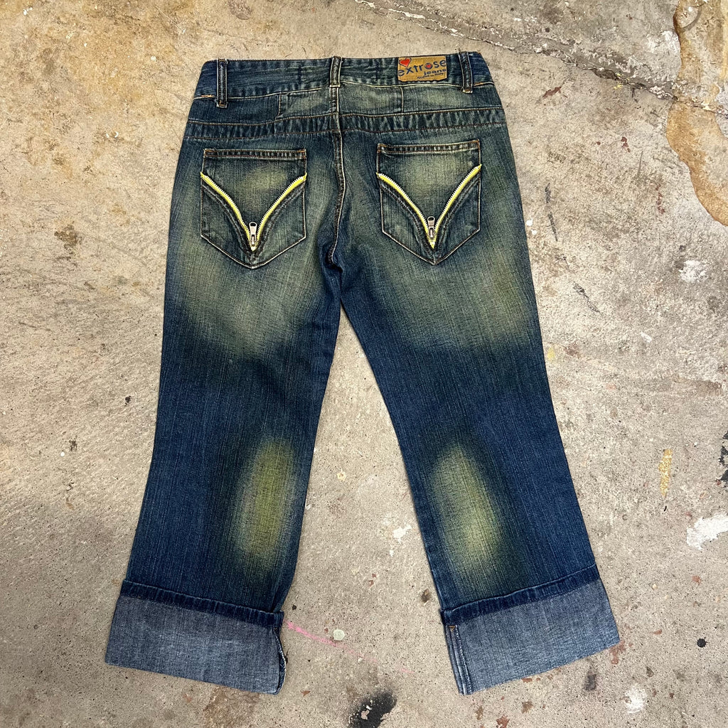 Dark acid wash fold hem denim capris