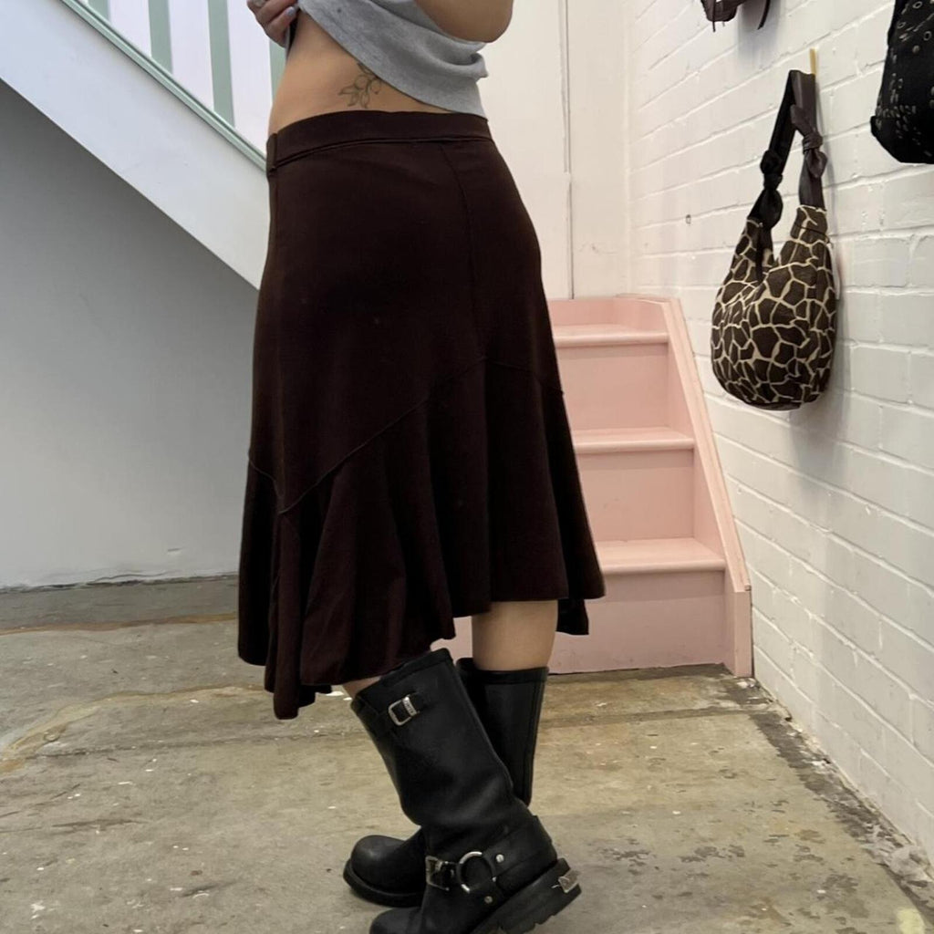 brown asymmetrical slinky floaty vintage midi skirt